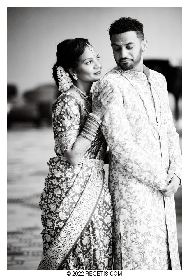Balck and White Portrait of a Bride and Groom in their South Asian Wedding outfitsAngela and Nikhil Wedding Celebrations