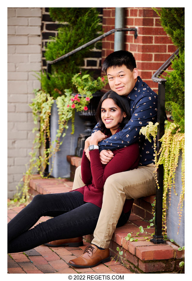 Anjali and Eric Engagement Portrait on brick stairs