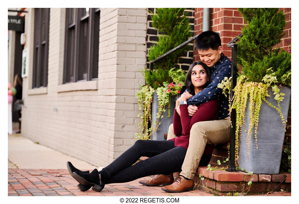 Anjali and Eric Engagement Portrait on brick stairs