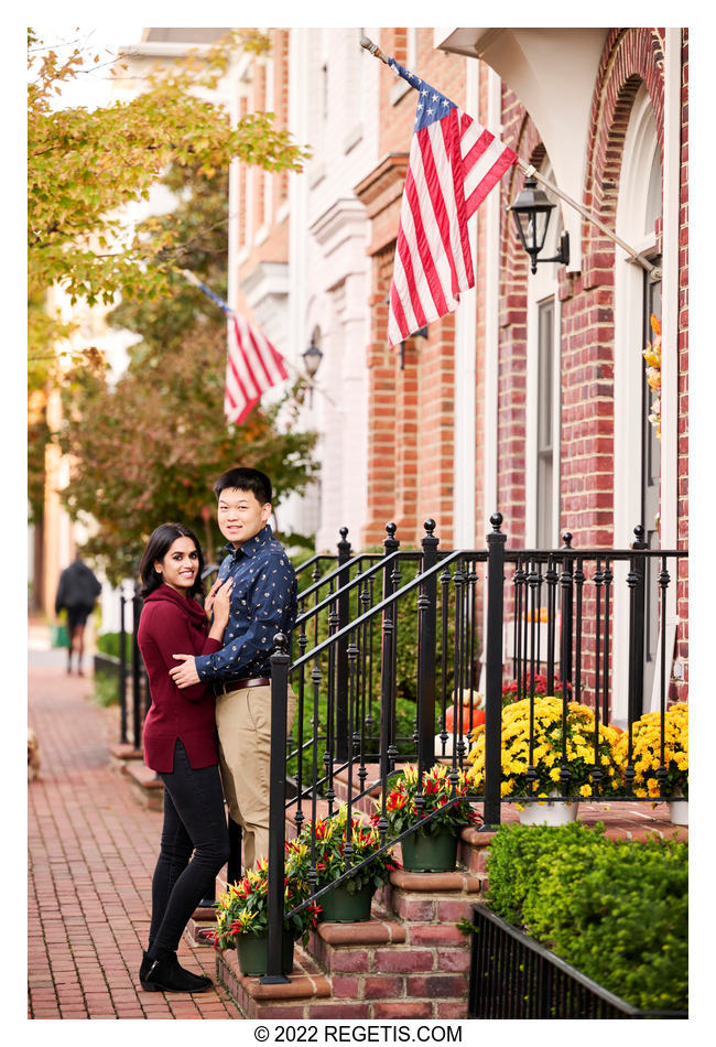 Anjali and Eric Engagement Portrait with American flags