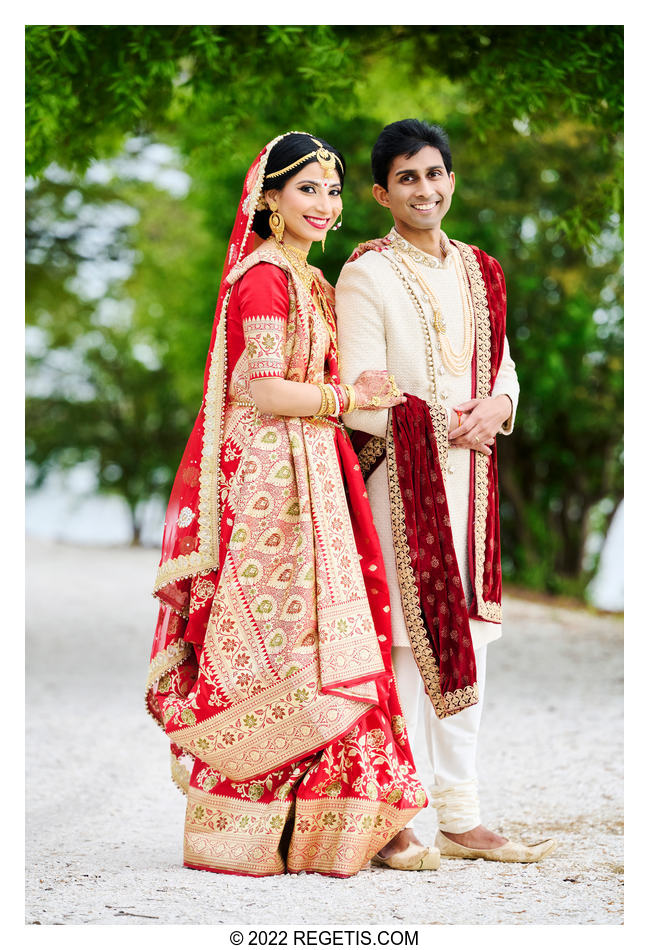 Chayanika and Neal’s portrait in their traditional Bengali wedding outfits