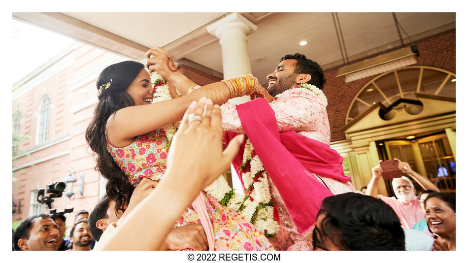 Bride and groom exchange their garlands at their Indian Wedding Baraat at The Westfields Marriott Washington Dulles.