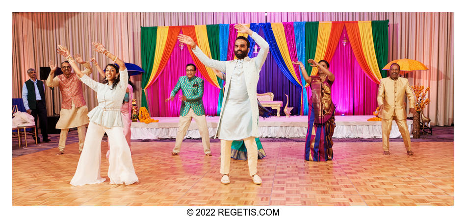 Family of the groom performing a dance at the Indian Sangeet