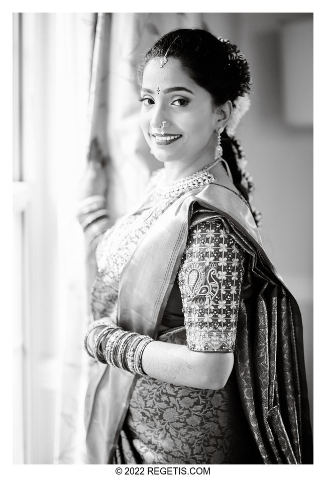 Black and white portrait of Ranjana while she is getting ready for her traditional Telugu wedding.