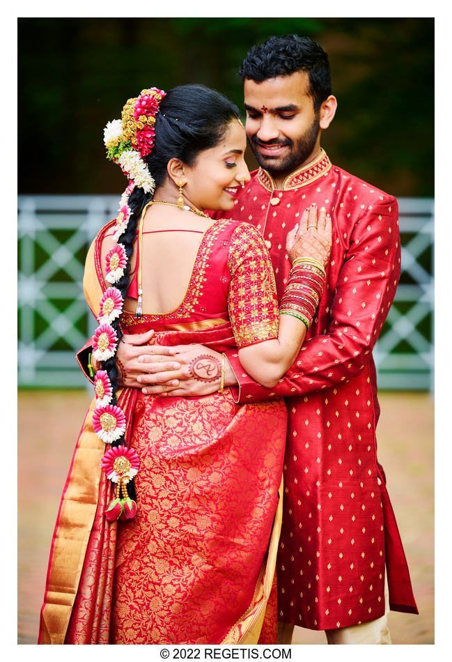 Bride and groom having their first look before their traditional South Asian Telugu wedding.