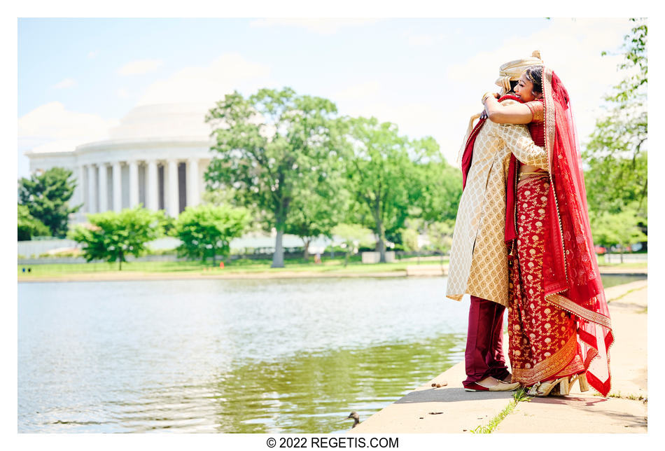 Bride and Groom at their first look before their Indian Ceremony by the Jefferson Memorial.