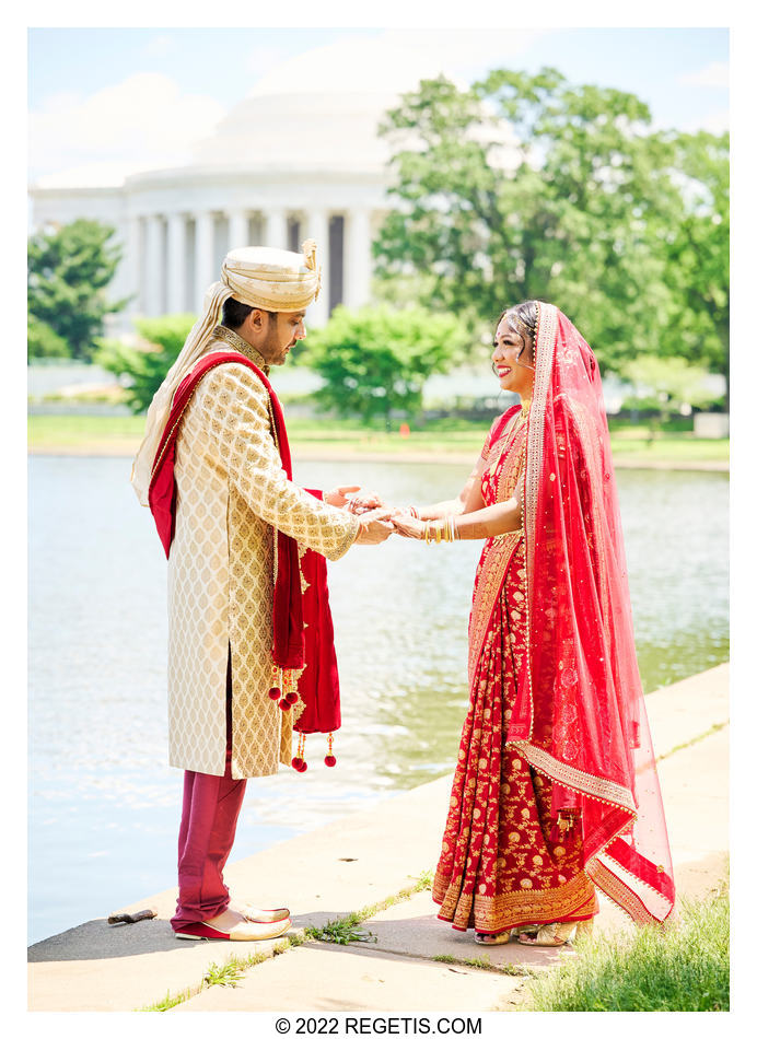Bride and Groom at their first look before their Indian Ceremony by the Jefferson Memorial.