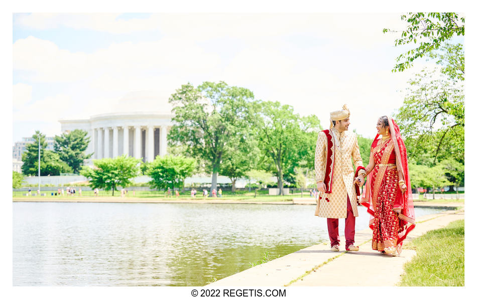 South Asian Bride and Groom walking by the Jefferson Memorial in Washington DC