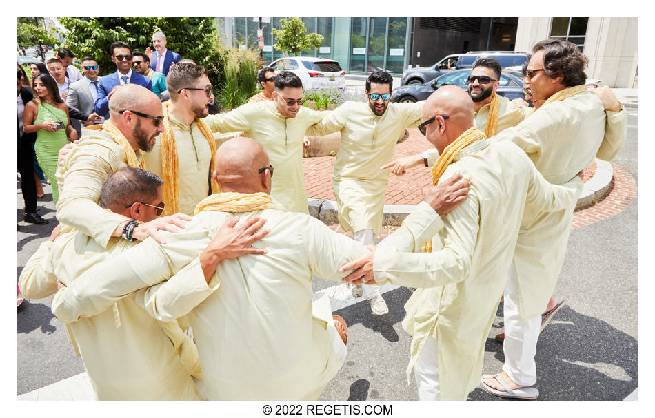 Groomsmen dancing at the baraat for Tripali and Nitin’s South Asian Wedding at the Conrad Hotel Washington