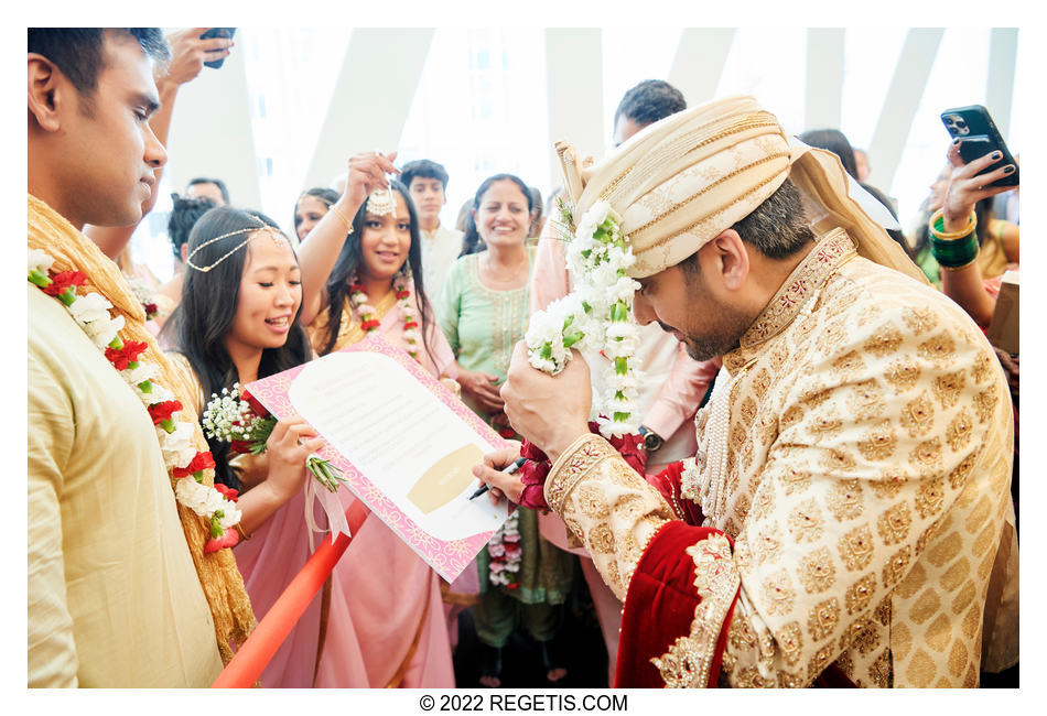Mother of the bride welcoming the groom at his  South Asian Wedding at the Conrad Hotel Washington