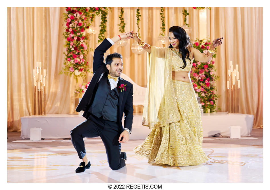 Nitin and Tripali are doing their first dance at their south asian wedding reception.