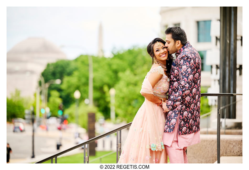 Tripali and Nitin’s portrait before the Sangeet ceremony at 101 Constitution AVE with the Washington Monument in the background.