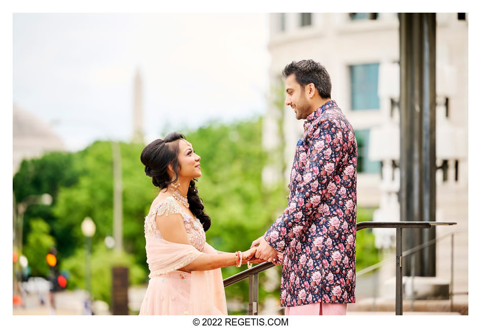 Tripali and Nitin’s portrait before their Sangeet ceremony at 101 Constitution AVE with the Washington monument in the background.