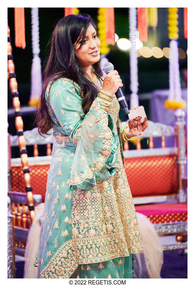 Maid of honor speaking at Tripali and Nitin’s Sangeet ceremony at 101 Constitution AVE